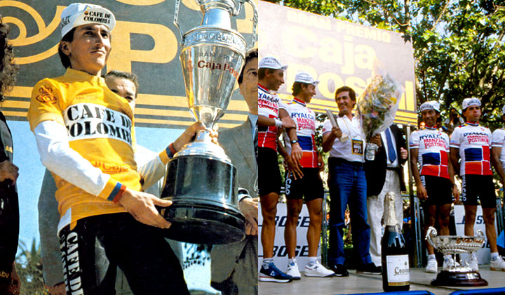 Lucho Herrera con el trofeo de Campeón de la Vuelta España 1987 y a su lado derecho el Manzana Postobón Ryalcao hacía lo propio por equipos