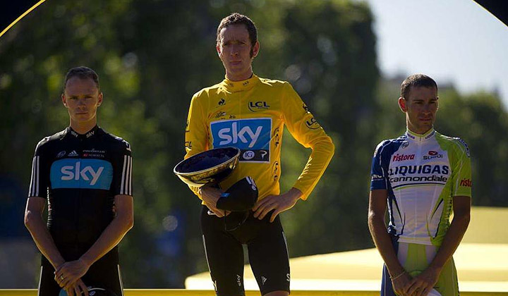 El podio final del Tour de Francia 2012 con Wiggins, Froome y Nibali