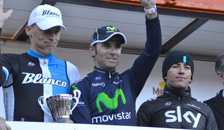 Podio del Trofeo Serra de Tramuntana: Alejandro Valverde (Centro), el colombiano Sergio Luis Henao (Derecha) y Robert Gesink (Izquierda)