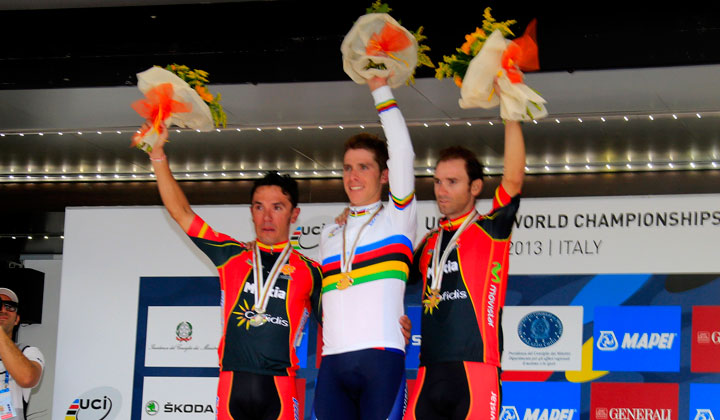 Rui Costa, ‘Purito’ Rodríguez y Alejandro Valverde en los tres cajones del podio del Mundial 2013