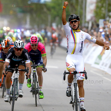 Gaviria consiguió un histórico triunfo al derrotar al británico Mark Cavendish en la primera jornada del Tour de San Luis (Foto Agencia Noticias San Luis)
