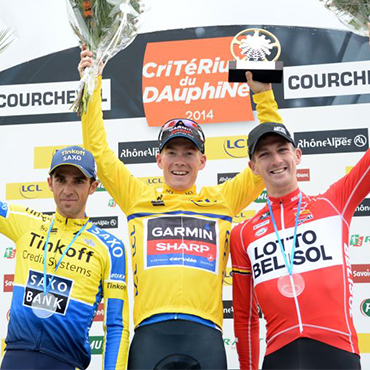 El podio final del 2014 con Andrew Talansky campeón, Contador segundo y Van den Broeck tercero