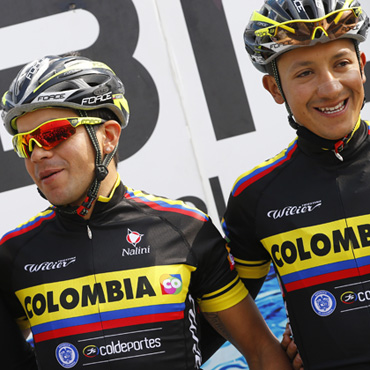 Fabio Duarte y Cayetano Sarmiento este domingo en el Giro dell’Appennino con el Team Colombia