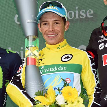 El podio final de la Vuelta a Suiza con Miguel López como flamante campeón