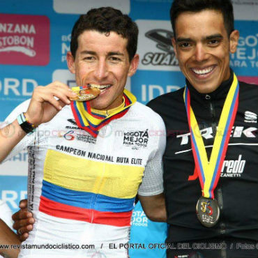 Sergio Luis Henao y Jarlinson Pantano,en el podio de Nacional de ruta 2017