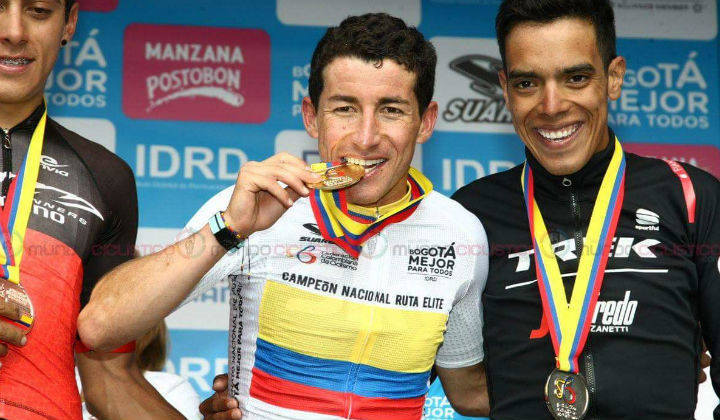 Sergio Luis Henao y Jarlinson Pantano,en el podio de Nacional de ruta 2017