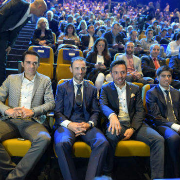 Alberto Contador, Alejandro Valverde, Purito Rodríguez y Mikel Landa, durante presentación de Vuelta a España 2018