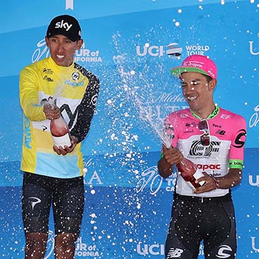 Egan Bernal y Daniel Martínez en un podio historico de Tour de California para el ciclismo colombiano