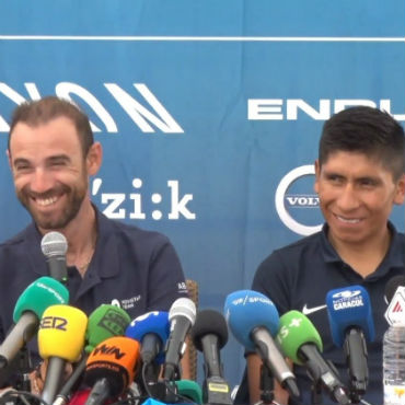 Nairo Quintana, Mikel Landa y Alejandro Valverde ante la prensa (Fotos-Movistar)